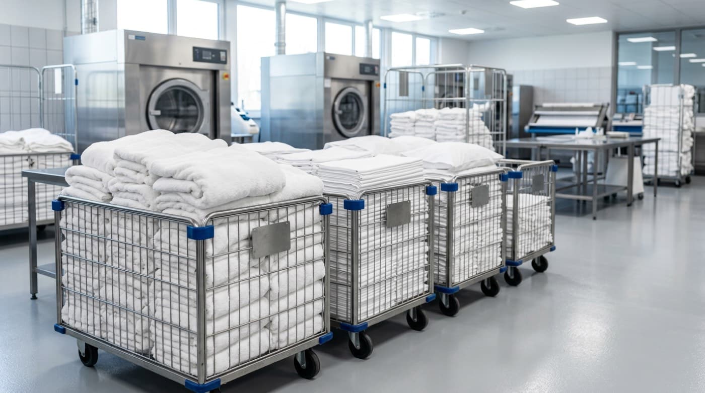 A bright professional commercial laundry facility with rolling carts of clean white towels — commercial laundry service in San Luis Obispo for hotels, vacation rentals, and restaurants