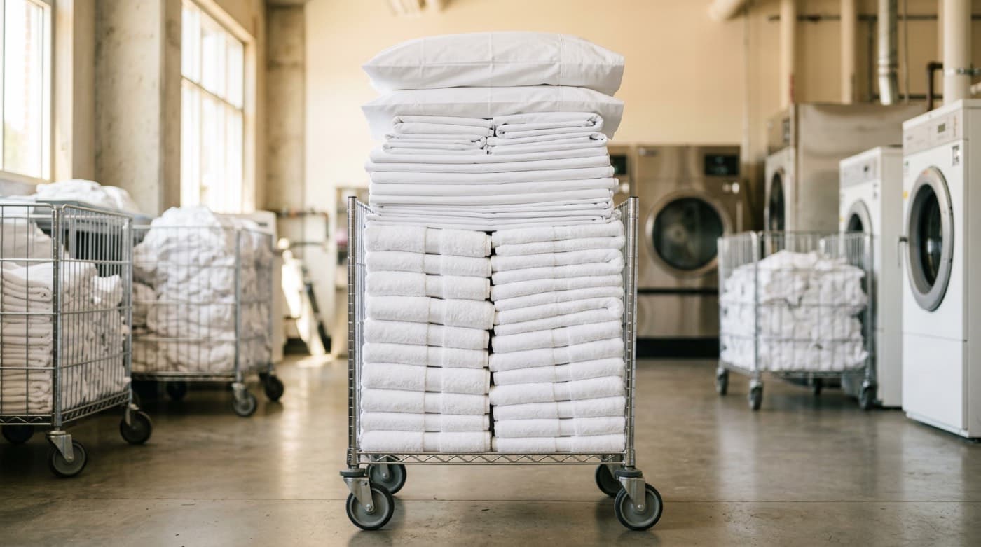 Stacks of folded commercial linens on laundry carts — commercial laundry service for SLO businesses, hotels, and vacation rentals