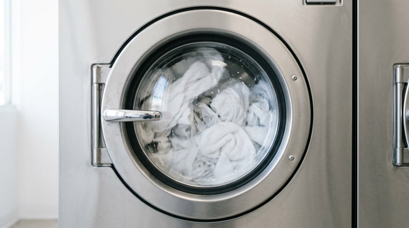 Close-up of a stainless-steel Speed Queen commercial washer porthole mid-cycle at Wild Wash Laundromat in San Luis Obispo