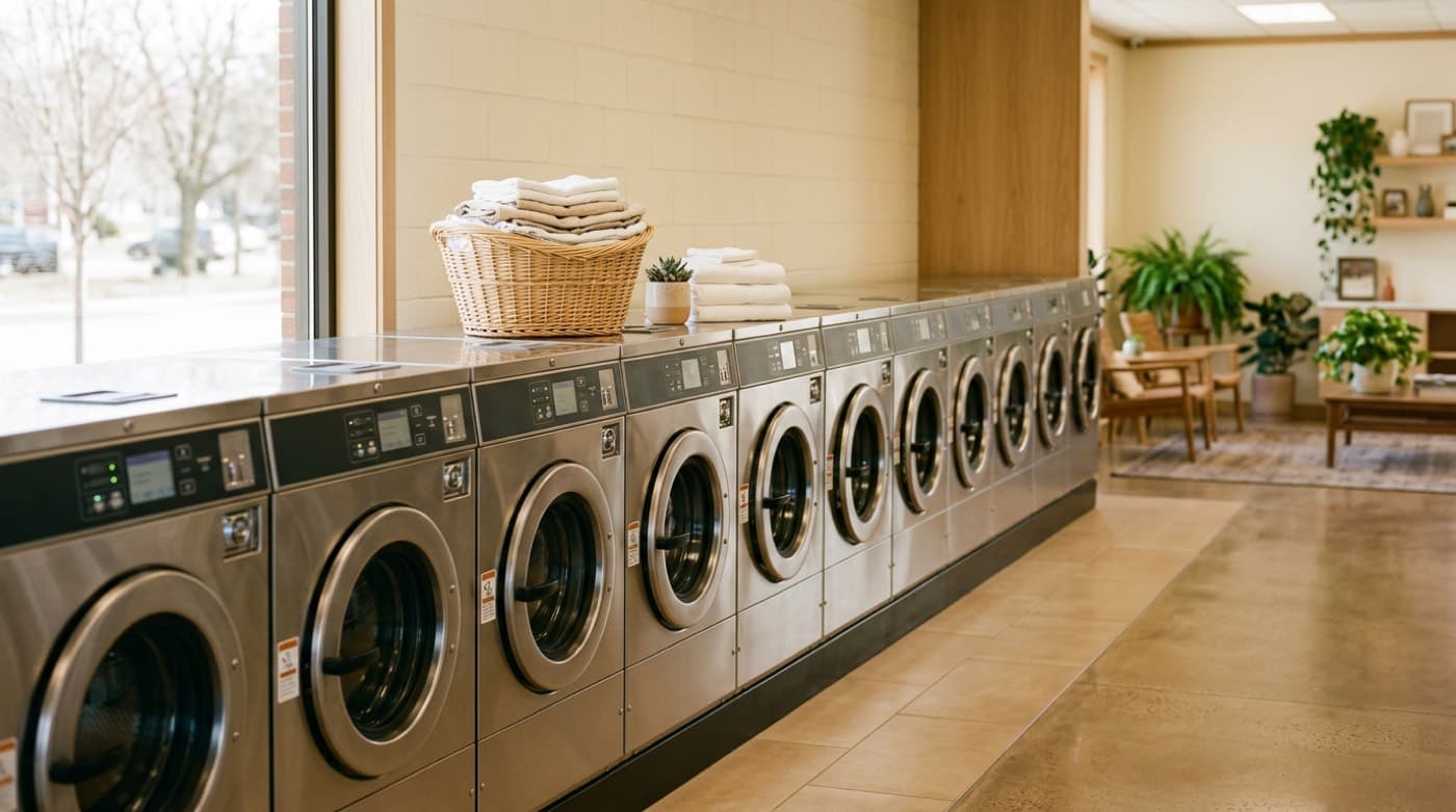 A bright row of Speed Queen self-serve washers at Wild Wash Laundromat in San Luis Obispo