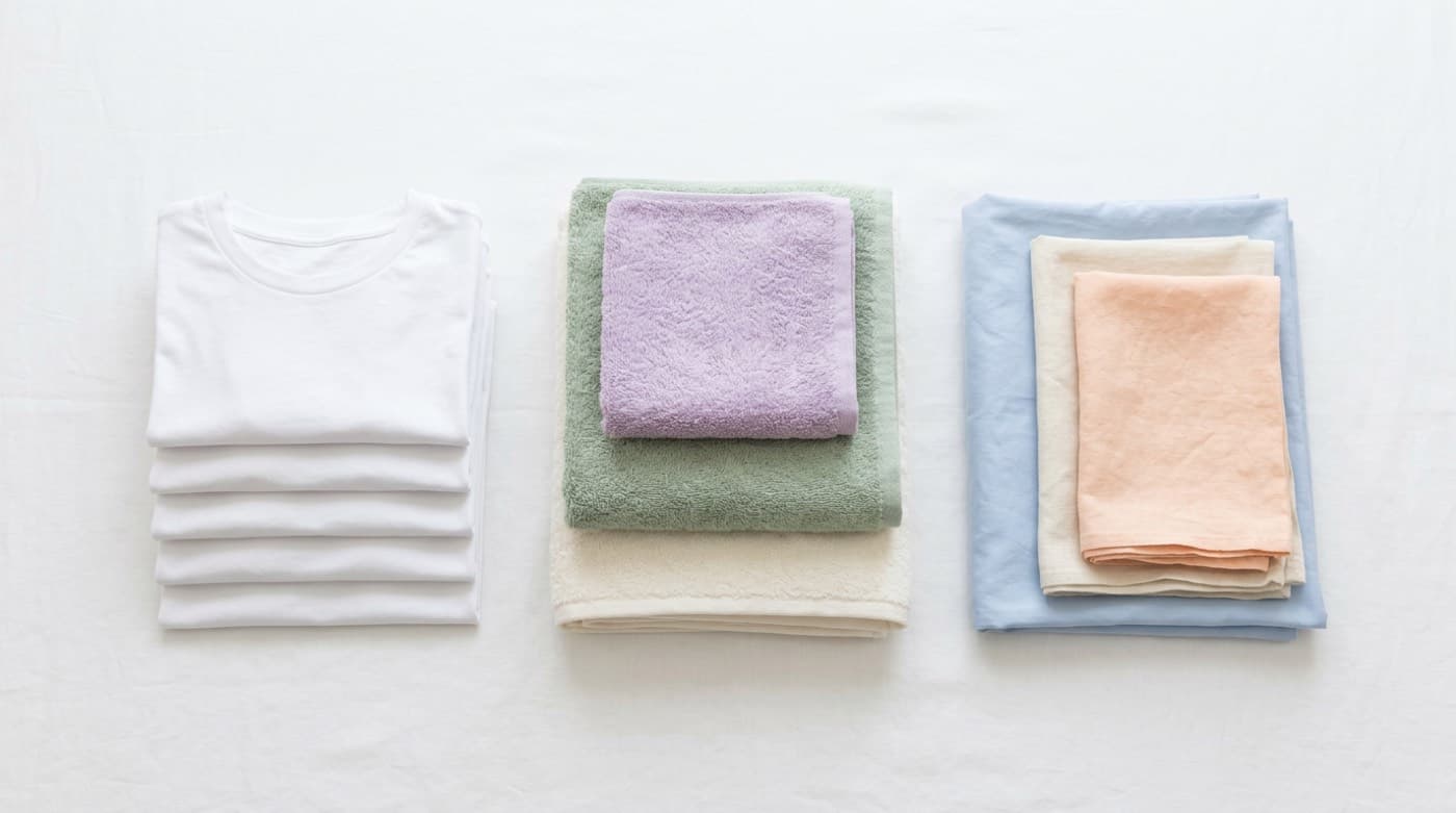 A flat-lay of neatly folded fresh laundry — t-shirts, pastel towels, and linens — from Wild Wash Laundromat's wash and fold service in San Luis Obispo
