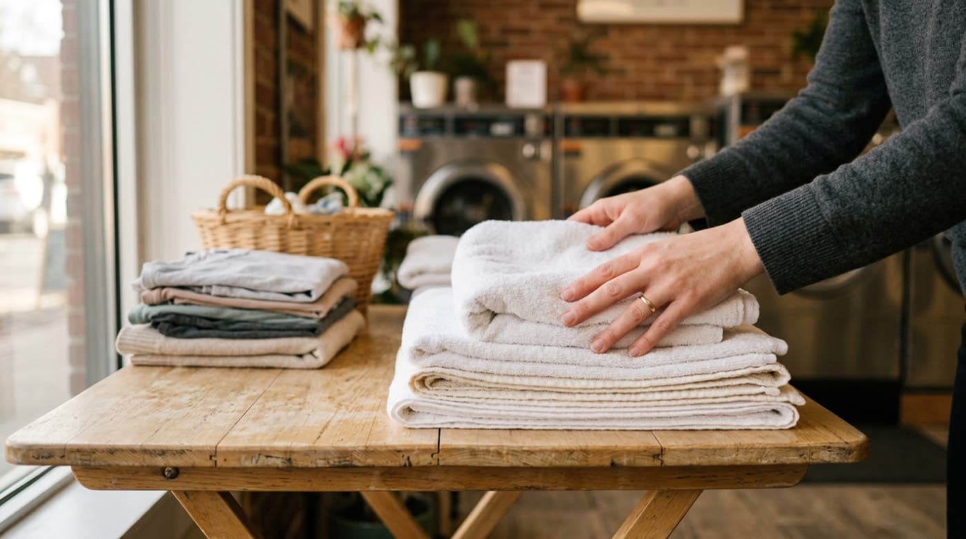 Hands folding fresh towels — professional wash and fold service in San Luis Obispo by Wild Wash Laundromat